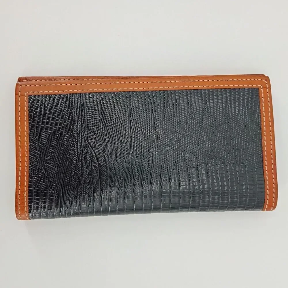 Tony Lama Western Lizard Embossed Leather Long Wallet Black Brown Trim Vintage